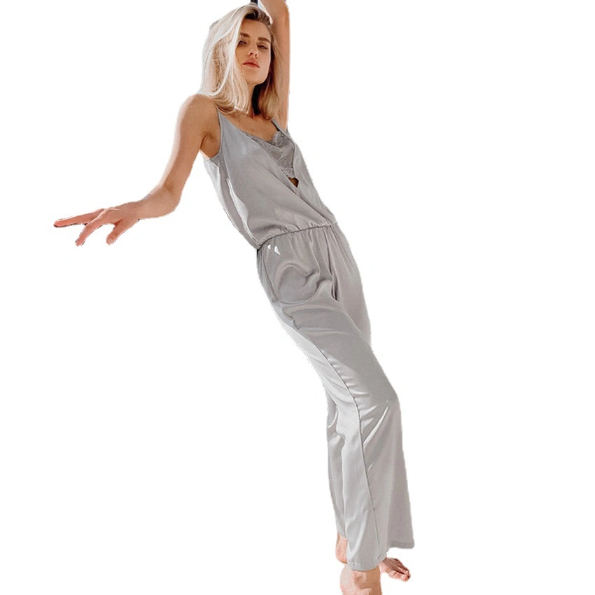 Gray Lounge Wear Soft Comfortable Ice Silk Lace Patchwork Satin Pajama Sets Silk Pj Sleepwear Sets