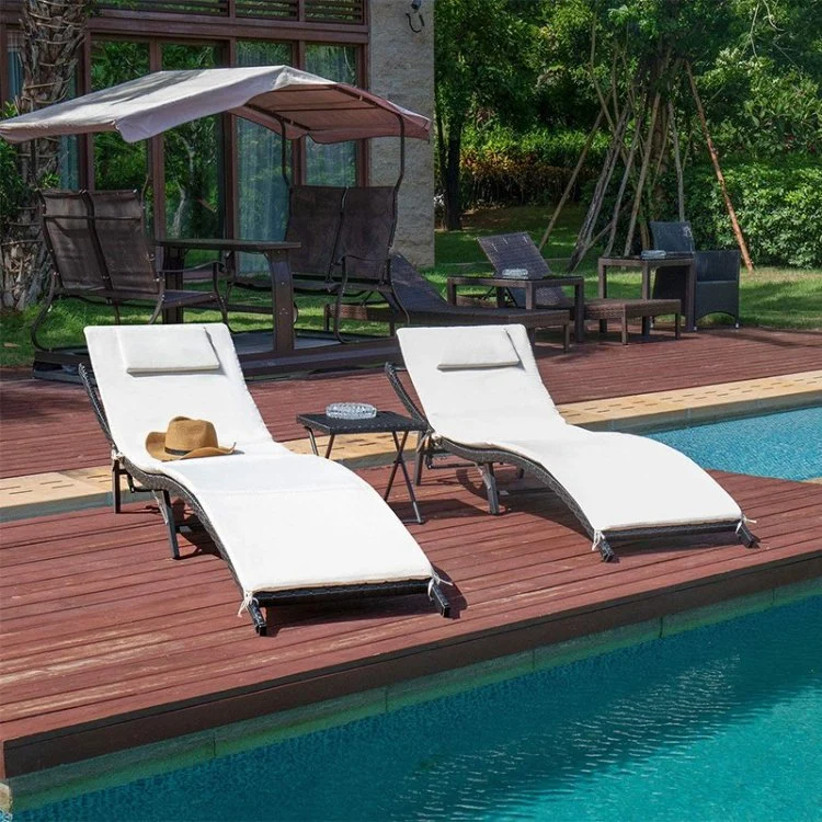 Patio Chaise Lounge Sets Outdoor Rattan Adjustable Back Cushioned Patio Folding Chaise Lounge with Table