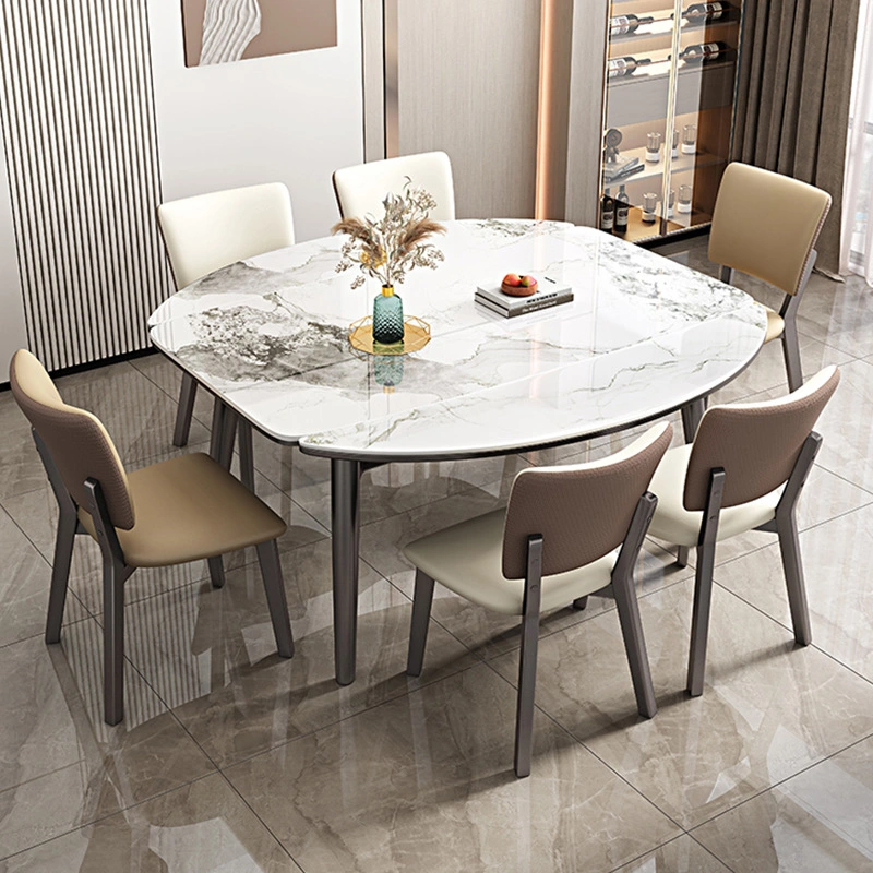 Dining Table Set Free Sample Classic 4/6 Seat Modern Fiber Square Glass Top Metal Leg and Upholstered PU Chair Dining Table Set