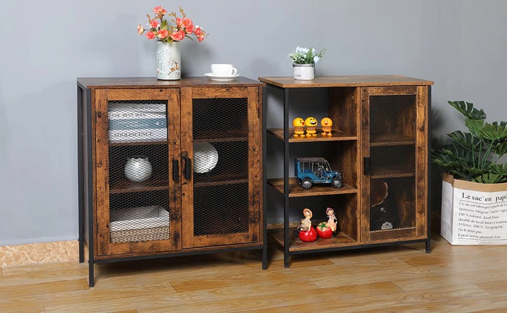 Living Room with Three Compartments Brown Floor-Standing Mesh Storage Cabinet 0228