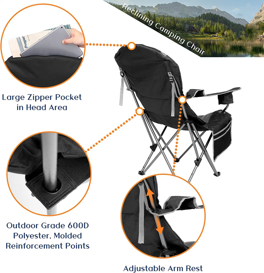 Black Foldable Lightweight Camping, Picnic, and Fishing Chair with Armrest and Storage Bag