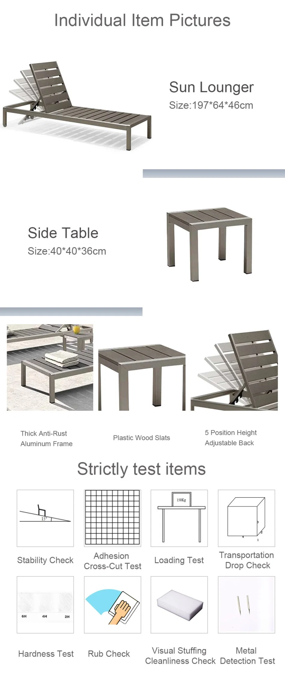 Leisure Plastic Wood Outdoor Furniture Aluminum Sun Lounger for Hotel