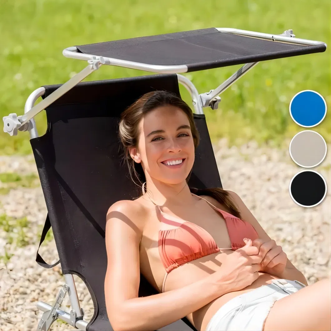 2 Sun Lounger with Sun Shade Foldable Deckchair with Parasol Reclining Polyester Chair