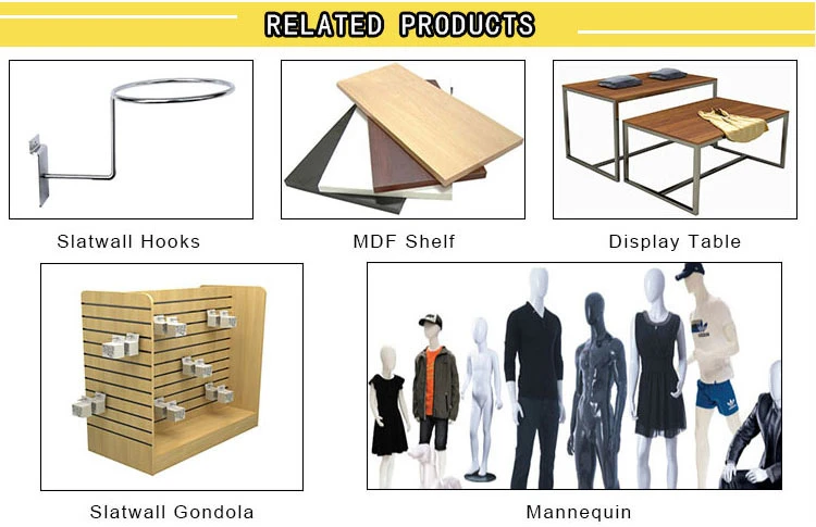 MDF Slatwall with High Density MDF Core with Melamine Surface Equipped by MDF Shelves, Hardware Hooks, Acrylic Shoe Holders