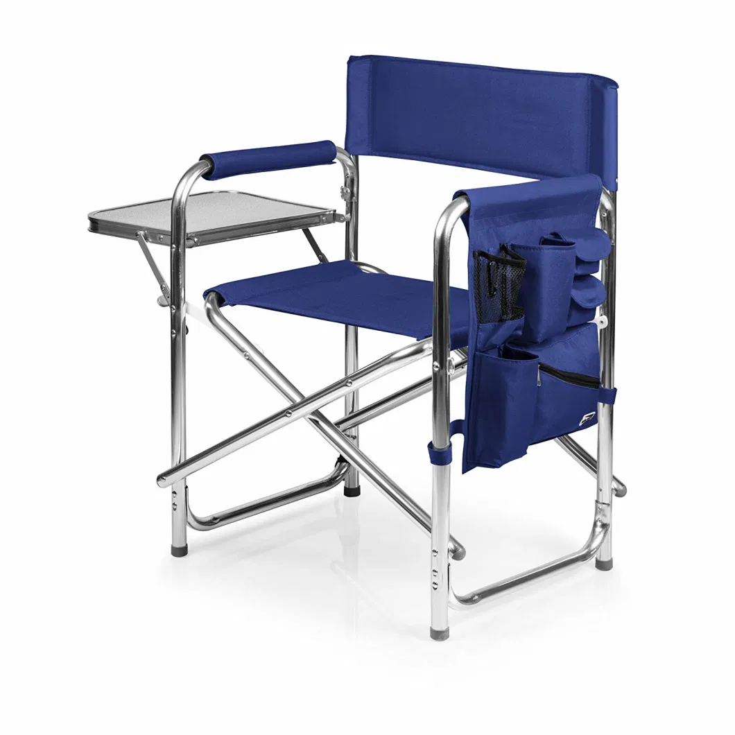 Functional Stability Aluminum Director Chair, a Picnic Time Brand Portable Folding Sports Chair in Navy, Folding Chair with Side Table and Side Pockets