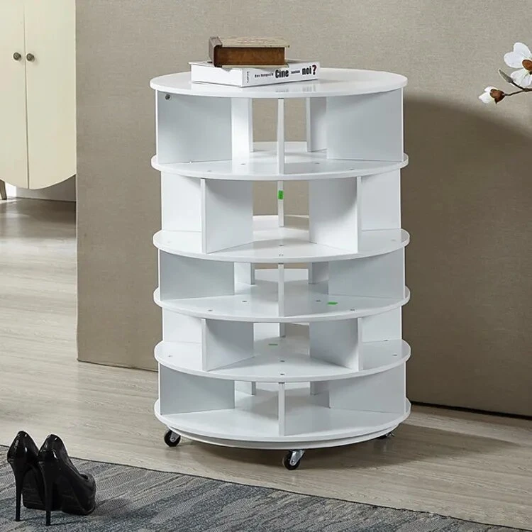 Home Hall Furniture White Wood Color MDF Wooden 360 Degrees Rotating Round Shoe Organizer Display Shoe Cabinet Rack with Wheels