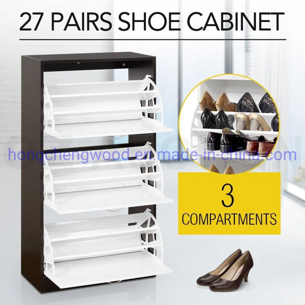 Shoe Cabinet Shoe Rack Flip Down Entryway Storage 3 Tier with 3 Slanted Drawers (Wood, White)