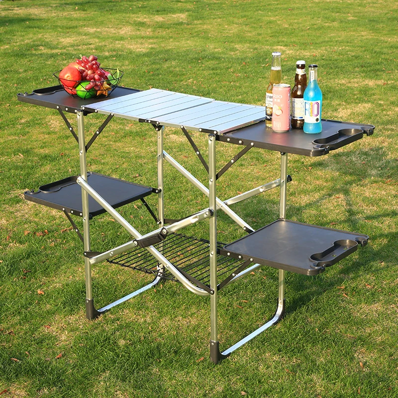 Folding Camping Kitchen Table, Portable Aluminum Picnic Table Outdoor Quick Set-up Dining Table Cook Station Table for BBQ Party