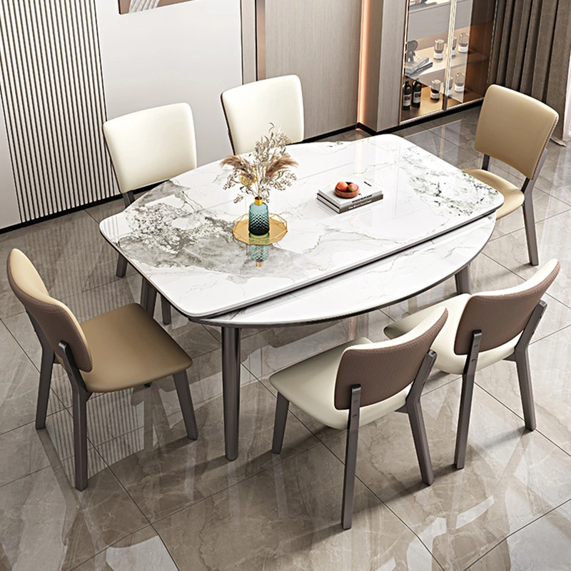 Dining Table Set Free Sample Classic 4/6 Seat Modern Fiber Square Glass Top Metal Leg and Upholstered PU Chair Dining Table Set