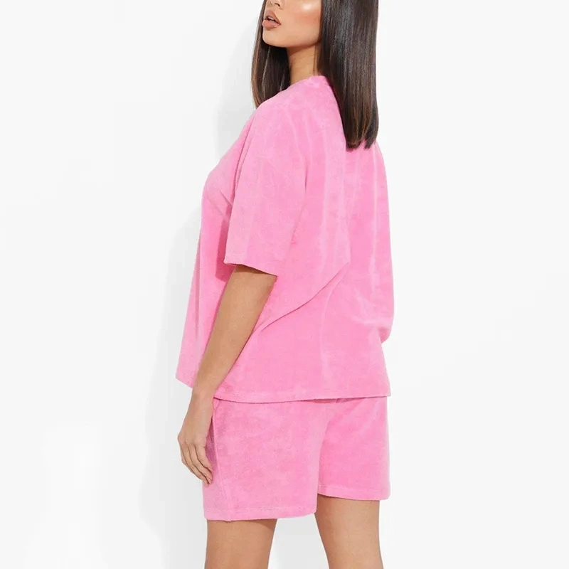 Women Pink Oversized T-Shirt and Shorts Lounge Wear Soft Towelling 2PCS Set