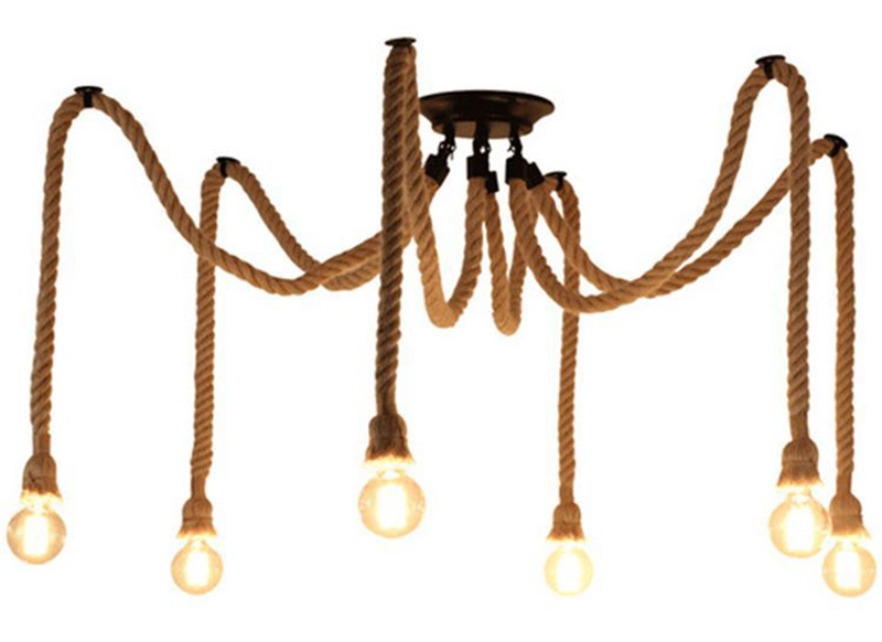 Vintage Hemp Rope Chandelier Lamp Hanging Pendant Light Indoor Decoration Lighting