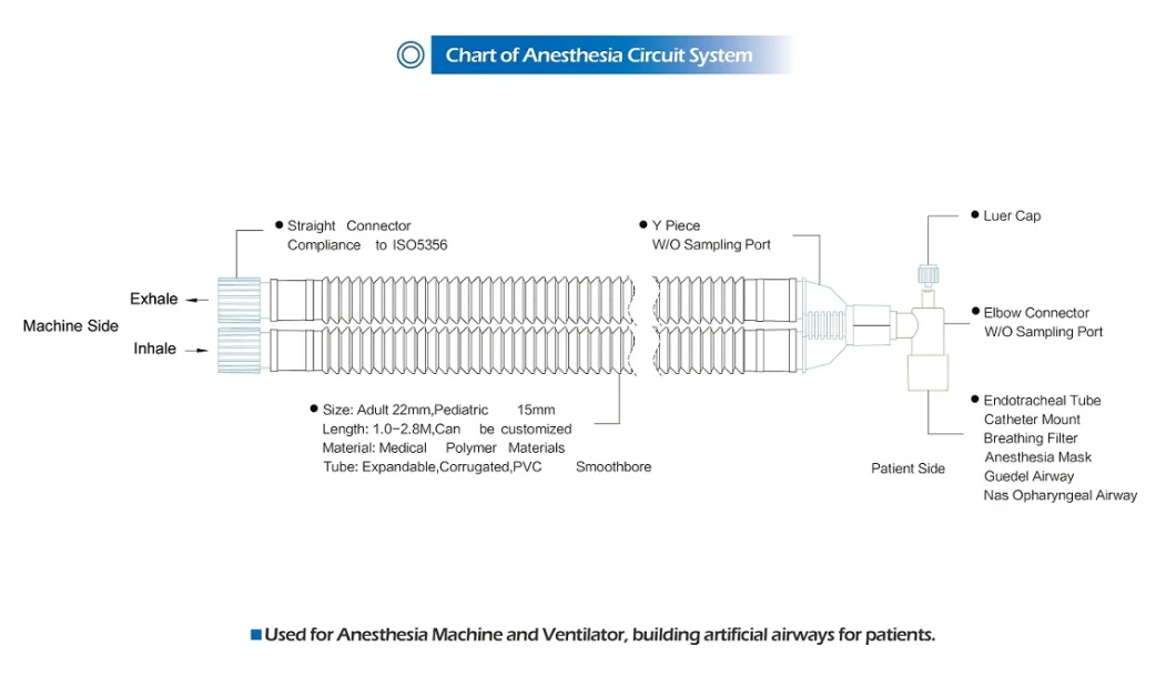 CE and ISO Marked Best Quality Disposable Corrugated Anesthesia Circuit for Hospital Use