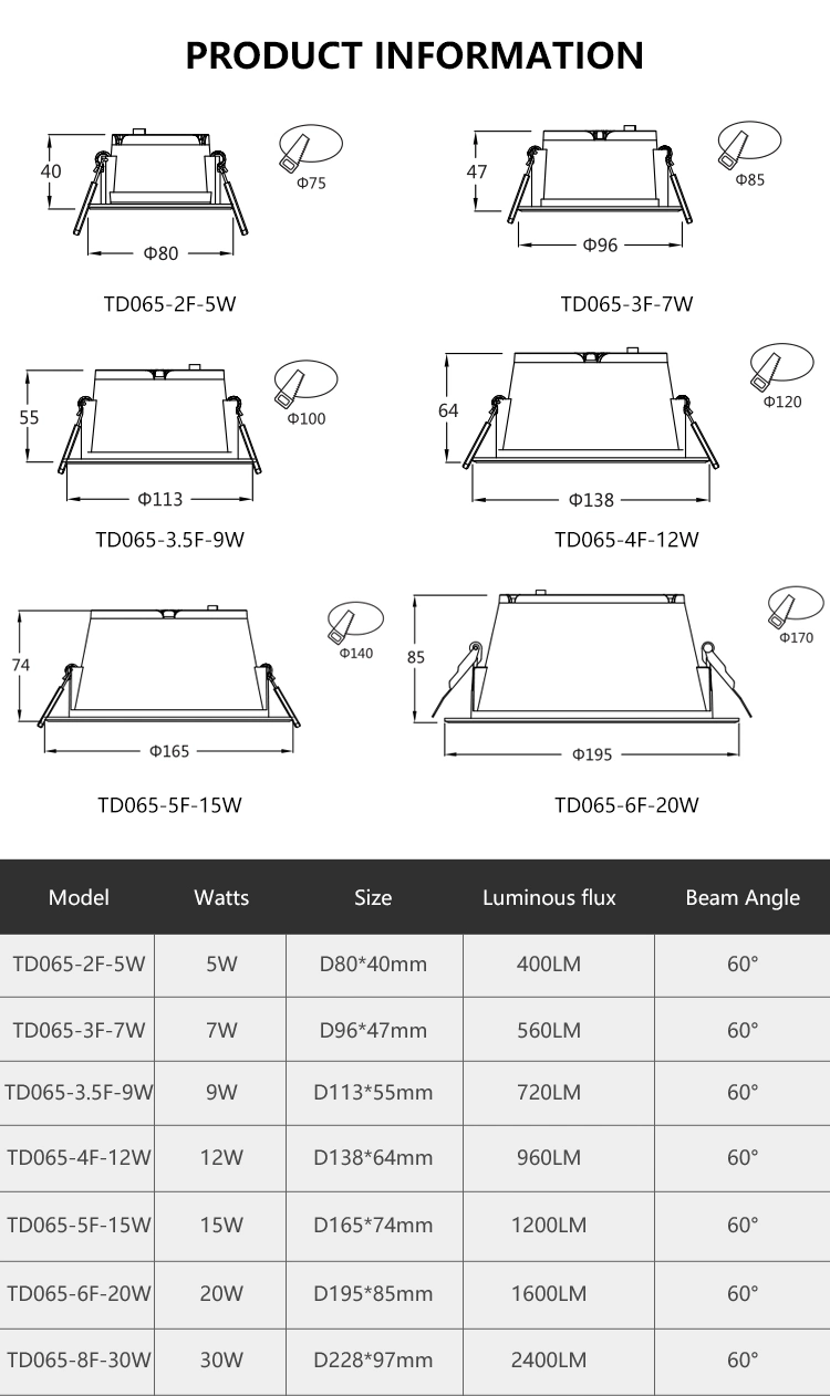 Commercial Recessed Energy Saving Housing Indoor Spot Light Ceiling 20W LED Down Lamp