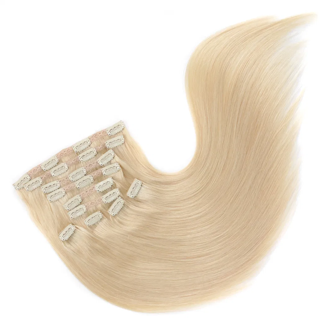 613# 60# Pure Blonde Color Clip on Human Hair Extension for Full Head Deluxe 120-160-220gram/Set