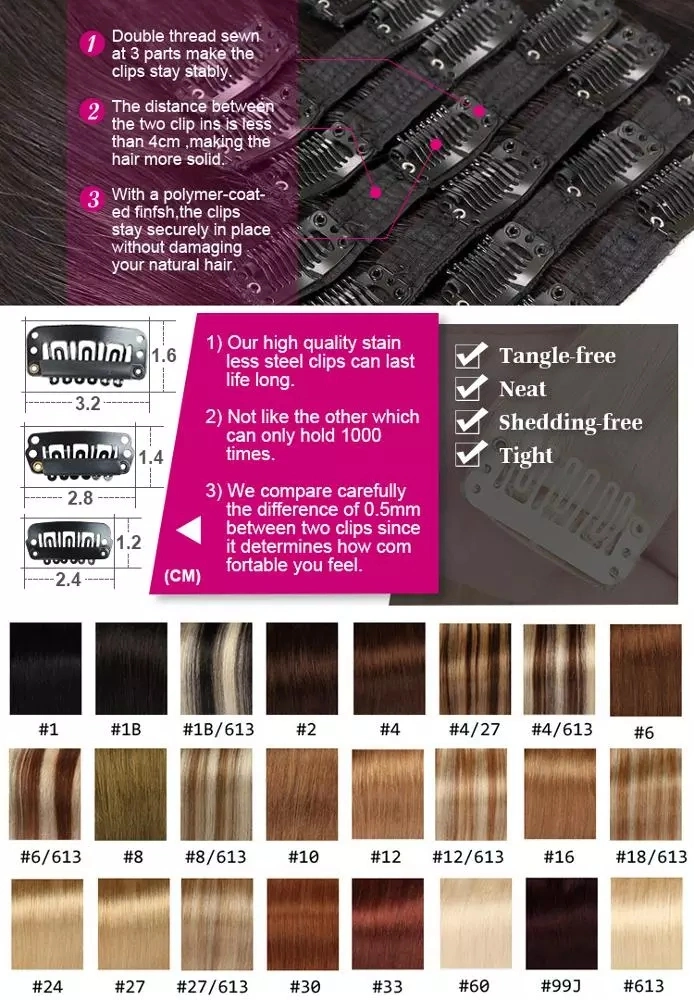 613# 60# Pure Blonde Color Clip on Human Hair Extension for Full Head Deluxe 120-160-220gram/Set