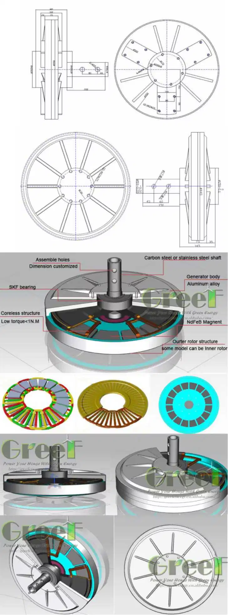 1kw 2kw 3kw 5kw 10kw Low Start Torque Coreless Permanent Magnet Generator