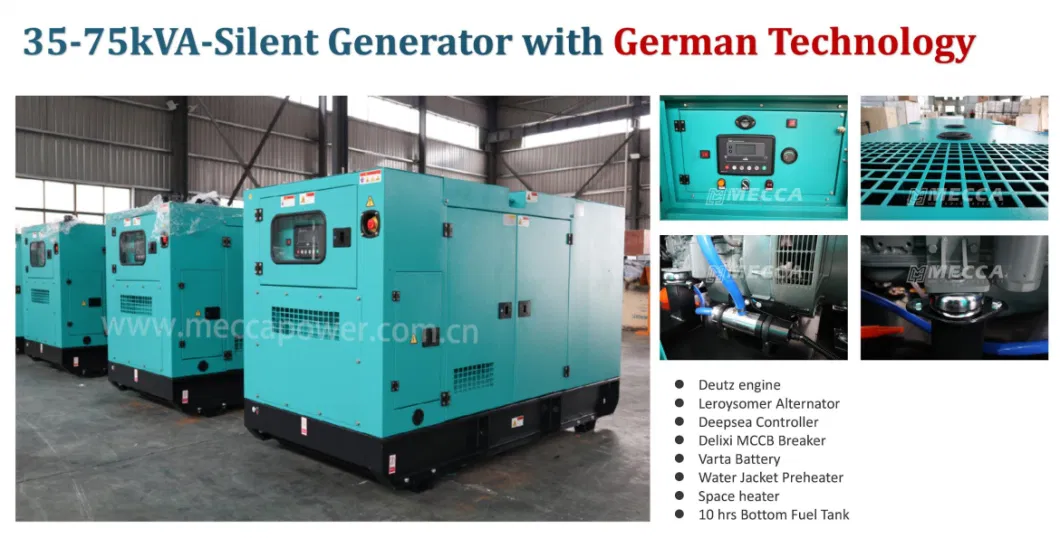 Mecca Silent Dg Set 10/15/20/25/30/40/50/75/100 kVA Kw Power Diesel Generator Deutz/Air Cooled Beinei/Perkins/Kubota/Yanmar/Yangdong/FAW/Isuzu for Telecom