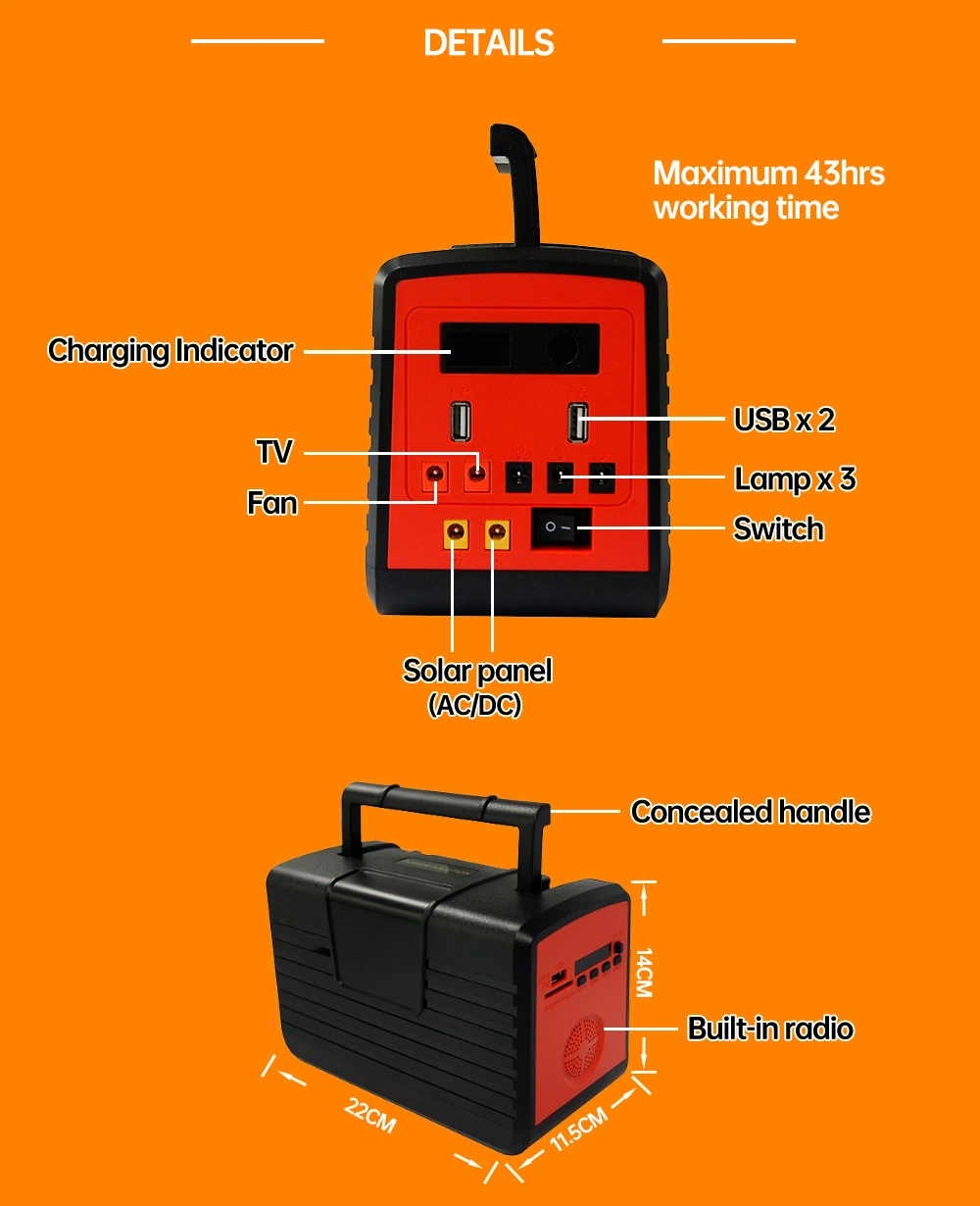 Un Project Machine Portable Solar Home Energy Power System with Big Solar Panel LED Light Product Radio MP3 and Table/Standing Fan and TV