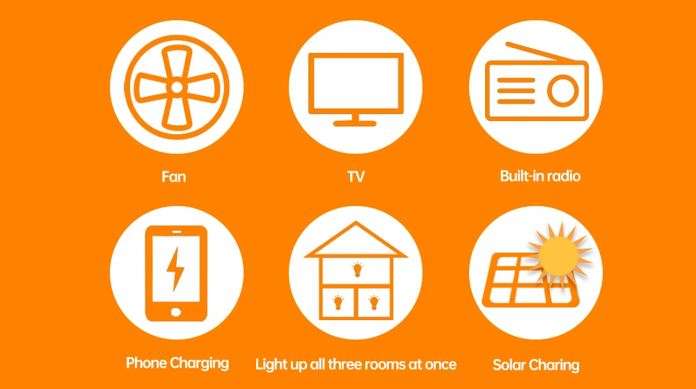 Un Project Machine Portable Solar Home Energy Power System with Big Solar Panel LED Light Product Radio MP3 and Table/Standing Fan and TV