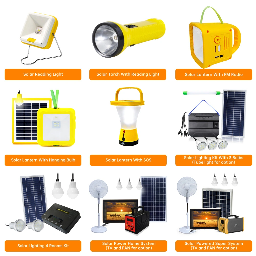 Un Project Machine Portable Solar Home Energy Power System with Big Solar Panel LED Light Product Radio MP3 and Table/Standing Fan and TV