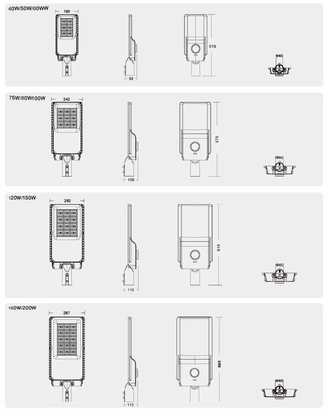 170lm/W Photocell Post Top Parking Garden Pathway Highway Public Area Lighting LED Road Lamp 30W 40W 50W 60W 80W 90W 100W 120W 150W 180W 200W LED Street Light