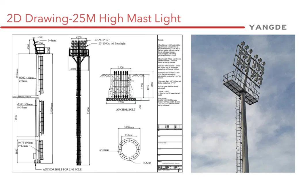 Stadium Spotlight/Floodlight 15m/18m/20m/25m/30m Galvanized Steel/Metal Solar/LED Street High-Mast Lighting/Lamp/Light Pole with Factory-Price