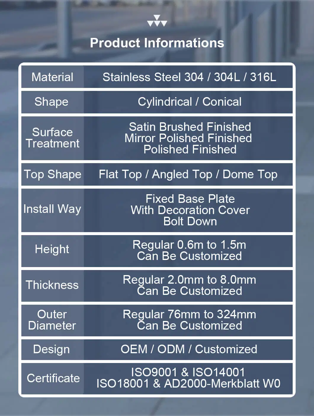 Easy Installing 304 Stainless Steel Reflective Bollard for Road Security