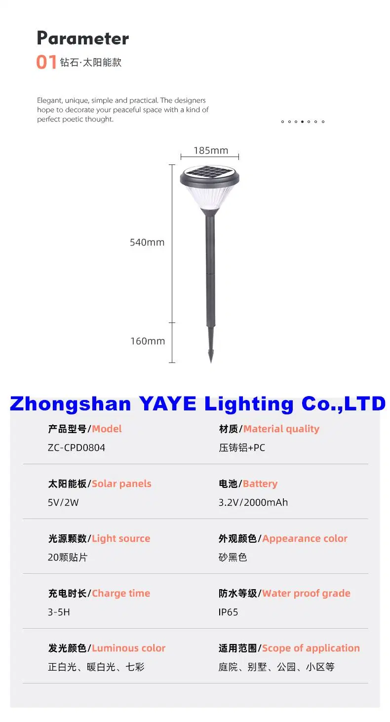 Yaye Hot Sell Stand 20W Solar Garden Pathway Lights Black ABS Landscape Lawn COB LED Bollard Light for Landscape Yard Round Garden Light