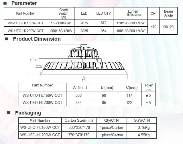 Power Swith CCT Change UFO LED High Bay Light 210lm/W 200W300W 400W 500W 600W High-MID-Low High Bay LED Lighting 3-Watts Adjustable Flicker Free Dimmable Garage