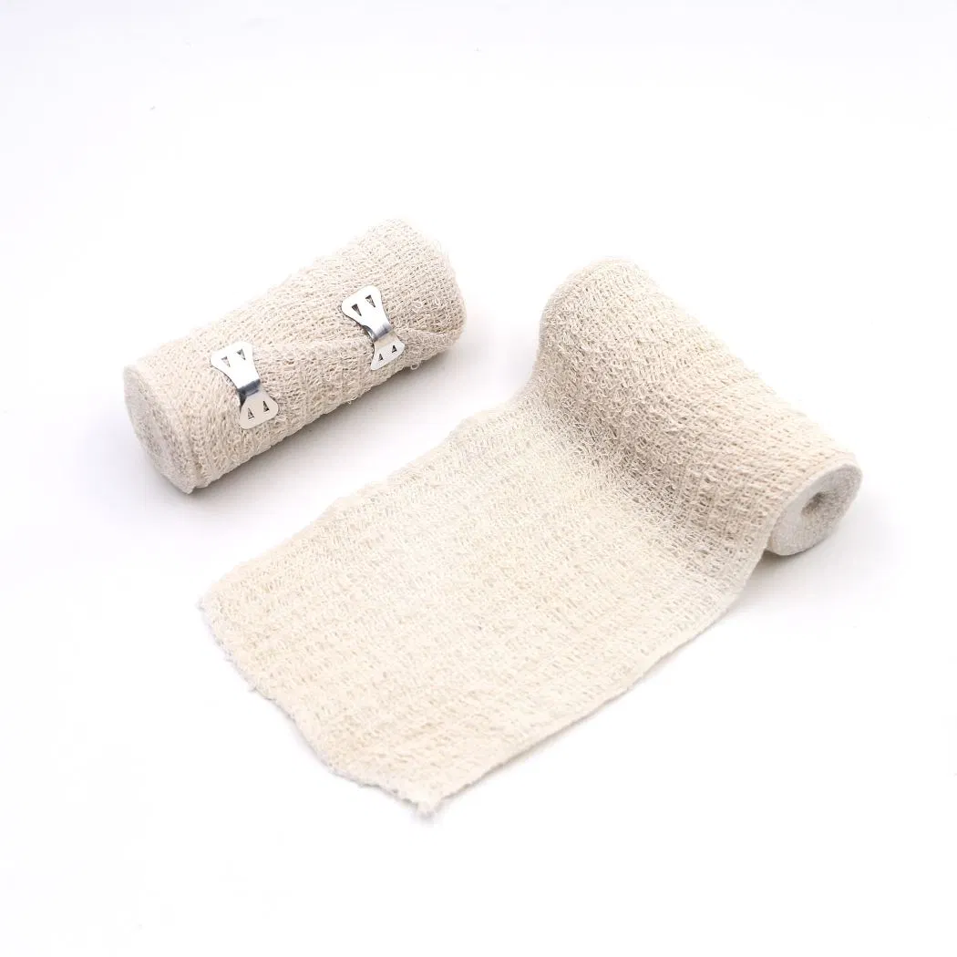 Medical Cotton Raw/Bleached White/Skin Color 60GSM/65GSM/70GSM Spandex Elastic Crepe Bandage with Two Metal Clips