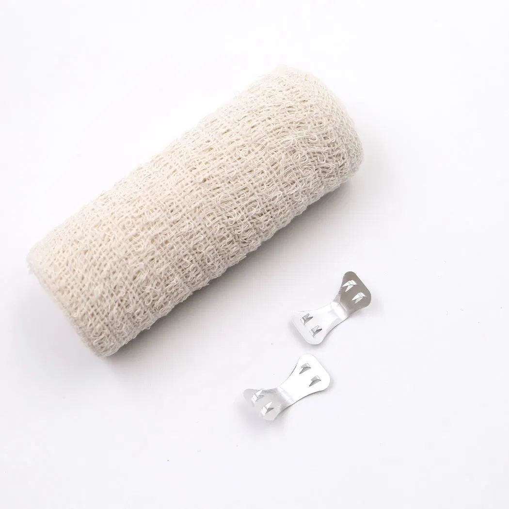 Medical Cotton Raw/Bleached White/Skin Color 60GSM/65GSM/70GSM Spandex Elastic Crepe Bandage with Two Metal Clips