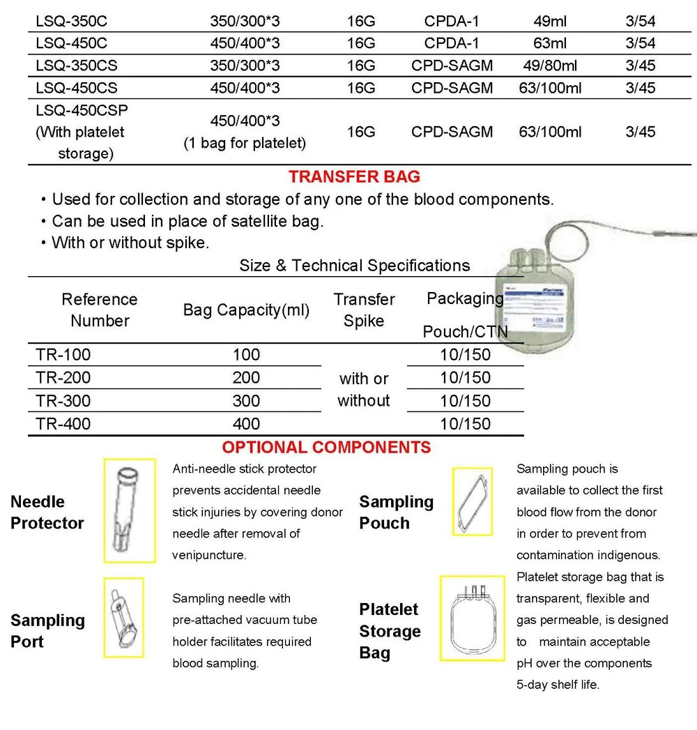 Medical Consumables Sterile Blood Bag Single/Double/Triple/Quadruple Blood Collection Bag