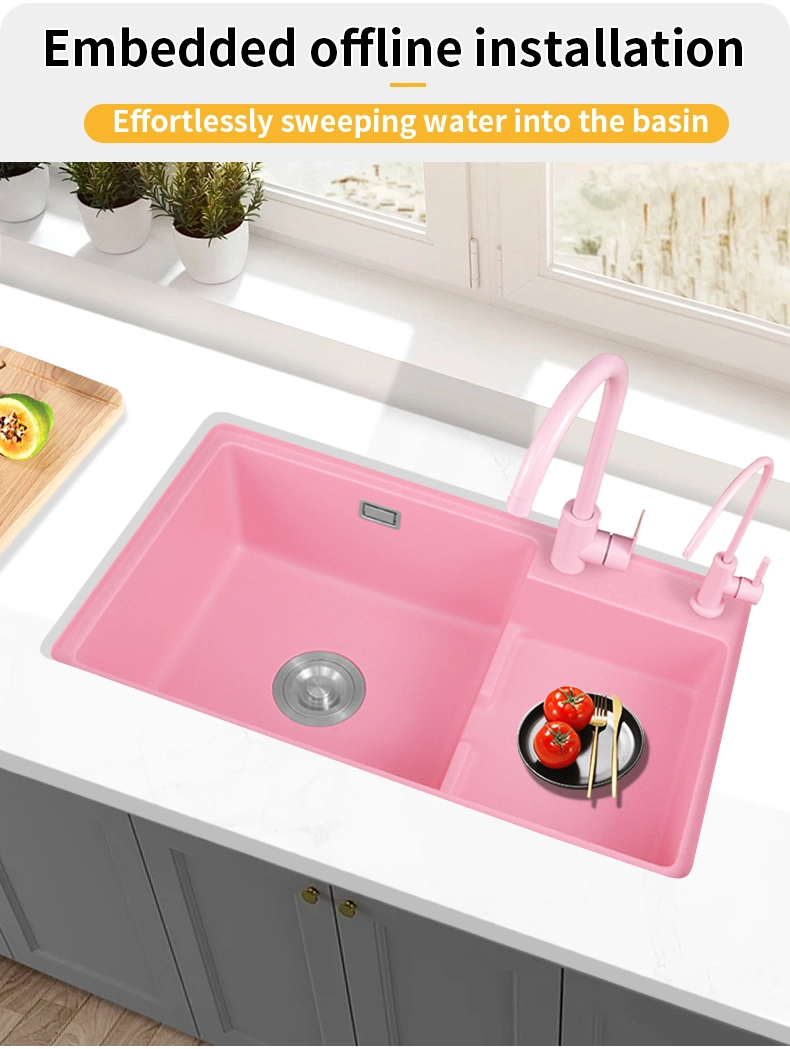 High and Low Stepped Pink Quartz Stone Kitchen Sink, Large Double Sink, Vegetable Washing Basin