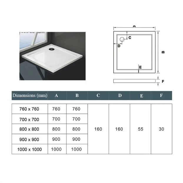 Stone Resin Shower Tray Shower Plate White Shiny Anti-Slip Ultraslim 4cm Marble and Resin Mixed Multiple Size