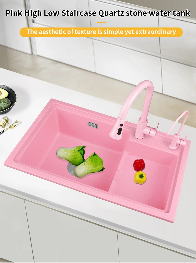 High and Low Stepped Pink Quartz Stone Kitchen Sink, Large Double Sink, Vegetable Washing Basin