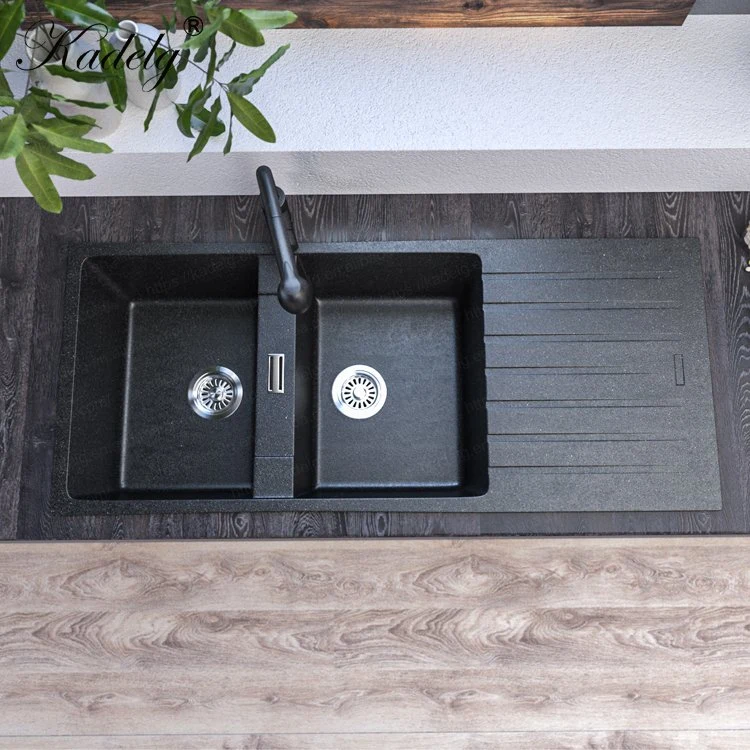 China Wholesale Modern Black Composite Granite Sink Double Bowl Handmade Sink Undermount Stone Sink Quartz Kitchen Sink Farmhouse Sink