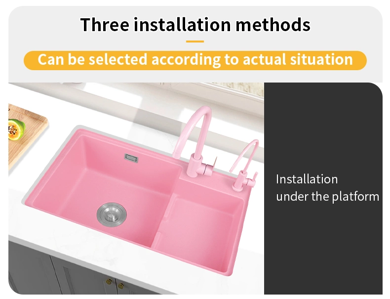 High and Low Stepped Pink Quartz Stone Kitchen Sink, Large Double Sink, Vegetable Washing Basin