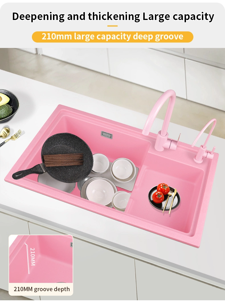 High and Low Stepped Pink Quartz Stone Kitchen Sink, Large Double Sink, Vegetable Washing Basin