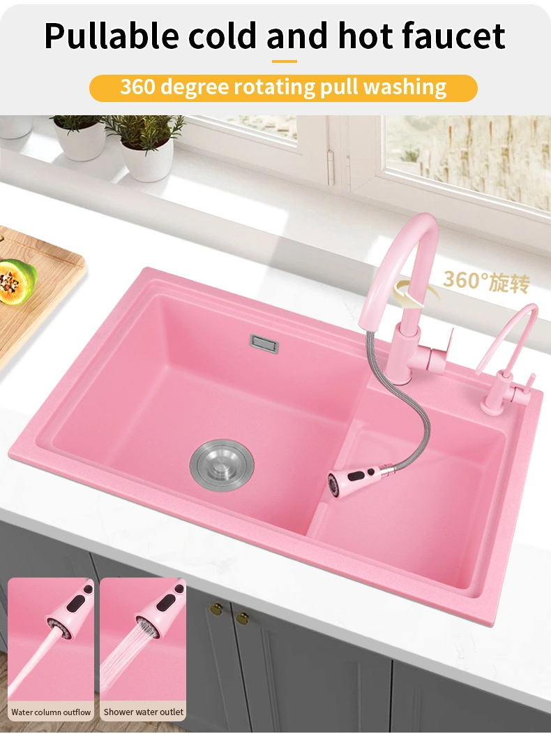 High and Low Stepped Pink Quartz Stone Kitchen Sink, Large Double Sink, Vegetable Washing Basin