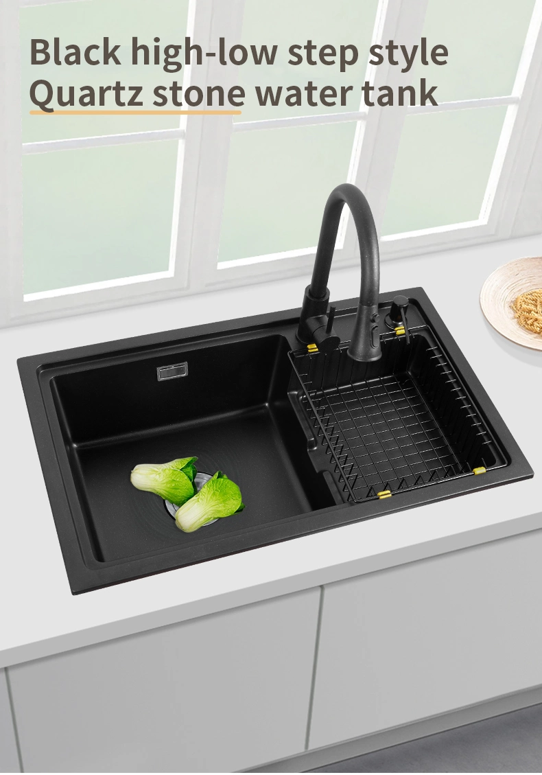 Black Quartz Stepped Kitchen Large Single Sink