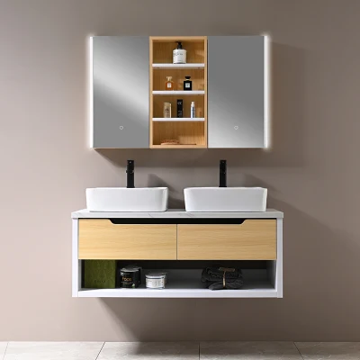  La moderna en la pared doble LAVABO lavabo de cerámica de MDF de disipador de LED de muebles de baño espejo de tocador de madera armario con piedra Scratchless Top