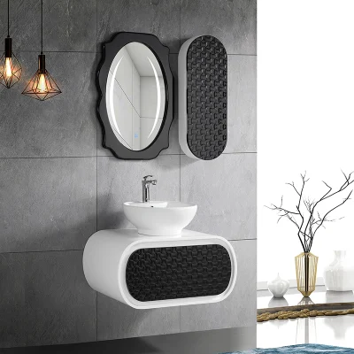 Moderno gabinete de tocador de baño de PVC montado en la pared del hotel de lujo blanco con lavabo.