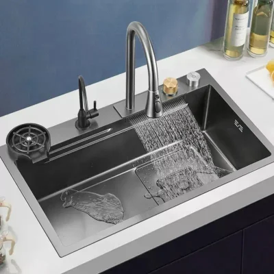  304 Cocina de acero inoxidable Sink tendencia Volador Cascada Cocina multifunción Pica Nano sus Countertop Cascada de submontaje 201 sus Cocina grifo Pica