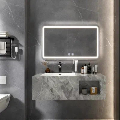 2023 Nuevo baño armario combinado vanidad colgado en la pared lavabo de mármol Artificial piedra sinterizado fregadero con Smart Mirror