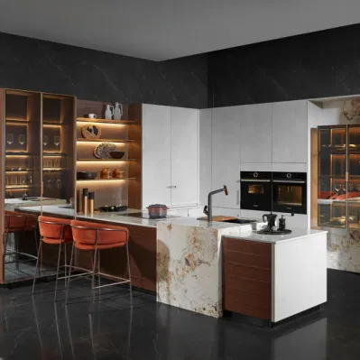 Casa de piedra pintada de cemento de lujo con vidrio metálico suspendido Muebles de madera de almacenamiento moderno American Flat Pack Hutch Kitchen Cabinets