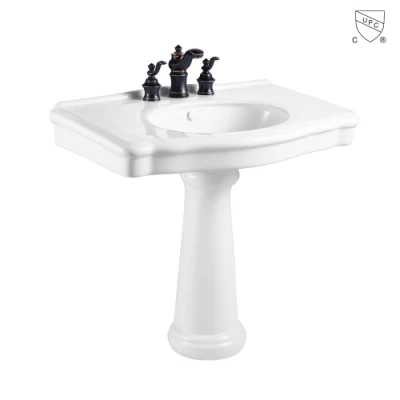 Cristal de alta calidad de diseño moderno blanco Cupc certificó el cuarto de baño independiente de vuelta a pared lavabo de cerámica muebles lavabo con pedestal