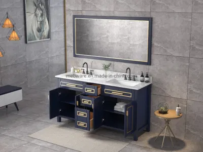 Color gris de 60 pulgadas montado en el piso lavabo doble espejo enmarcado encimera de mármol cuatro puertas Foor cajones de madera maciza Muebles de Baño mueble de tocador