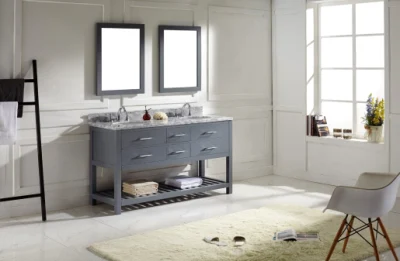 Color gris de 60 pulgadas montado en el piso lavabo doble espejo enmarcado encimera de mármol cuatro puertas Foor cajones de madera maciza Muebles de Baño mueble de tocador