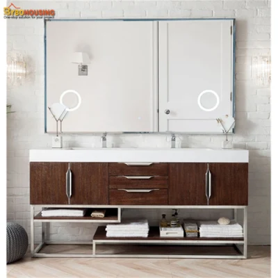 Blanco Madera libre Madera sólida Doble lavabo Baño LED espejo Vestidor Armario de mesa