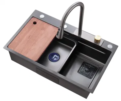 Ws7546una mano sola cubeta con cascada de agua del grifo Nanoblack China Wholesale accesorios personalizados fábrica gabinete de acero inoxidable Utensilios de Cocina fregadero